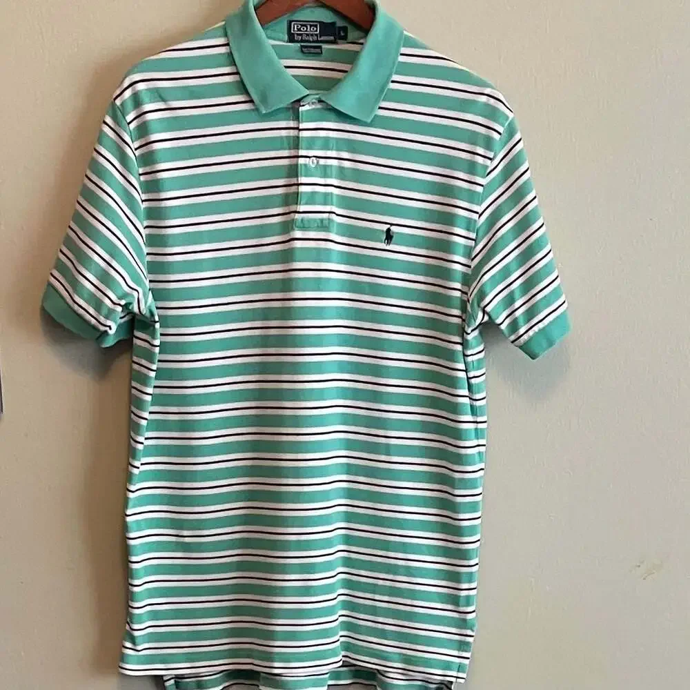 Ralph‎ Lauren Men's Large Green and Navy Striped Polo 100%Cotton Preppy VTG